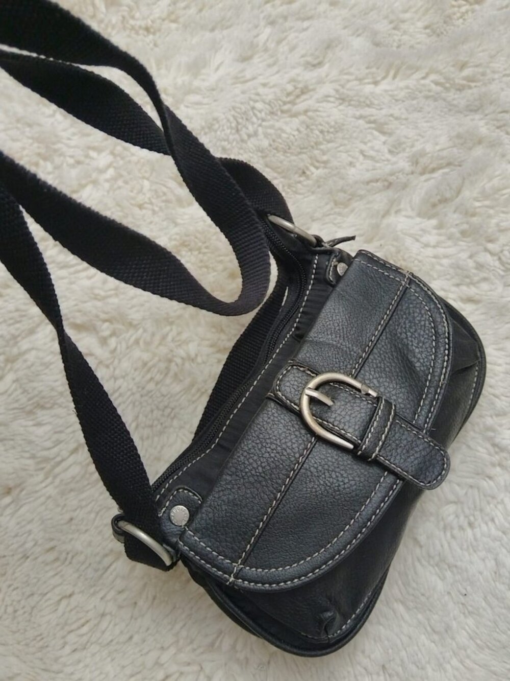 Roots Black Nylon Faux Leather Mini Crossbody Shoulder Bag Buckle Pocket